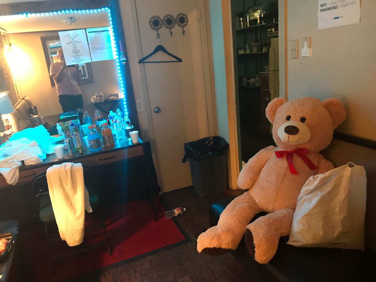 This is a shot of the dressing room after the last show of the foreshortened Devin tour, in Dallas. Audience members brought us stuffed animals every night at Dev's request, because there was no budget for more elaborate staging, so animals decorated the stage every night. This was a really good bear.