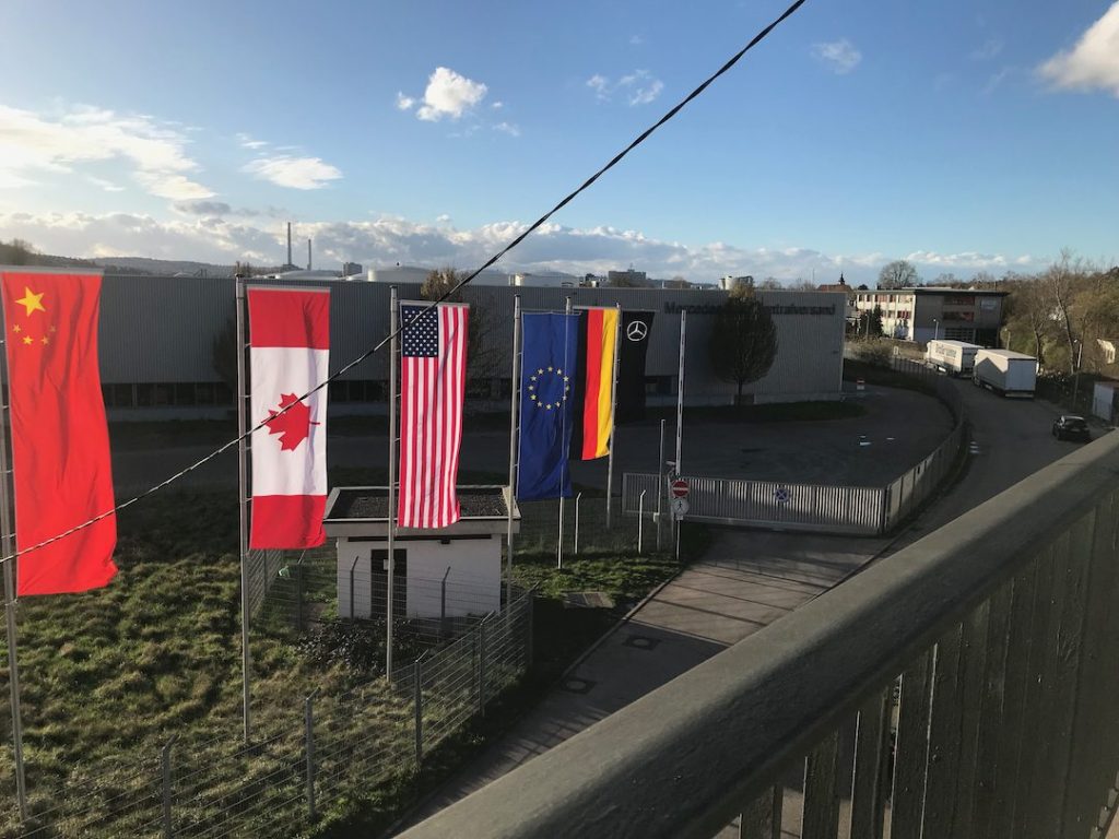 The Keneallist: Some flags fluttering outside Mercedes Benz headquarters